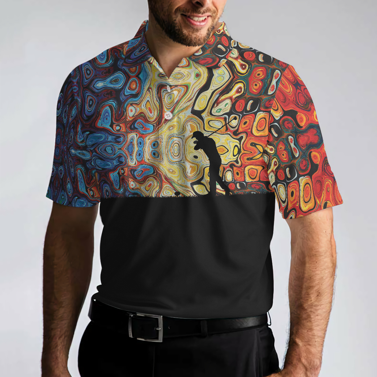 Golf Silhouette With Sky Wavy Abstract Seamless Pattern Polo Shirt Black Golf Shirt For Men - 4