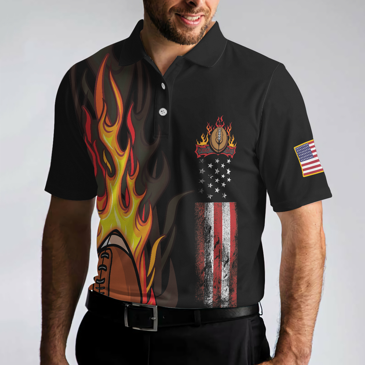 Flame American Football Black Polo Shirt American Flag Football Polo Shirt Best Football Shirt For Men - 4