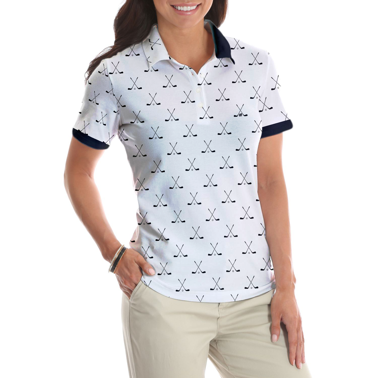 Crossed Golf Clubs Black And White Golf Short Sleeve Women Polo Shirt - 4