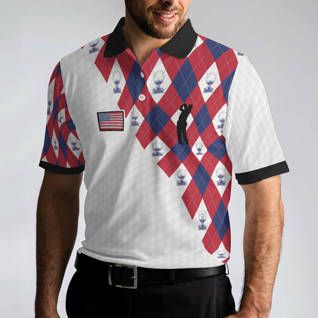 Golf Argyle Pattern Short Sleeve Golf Polo Shirt American Flag Polo Shirt Patriotic Golf Shirt For Men - 1