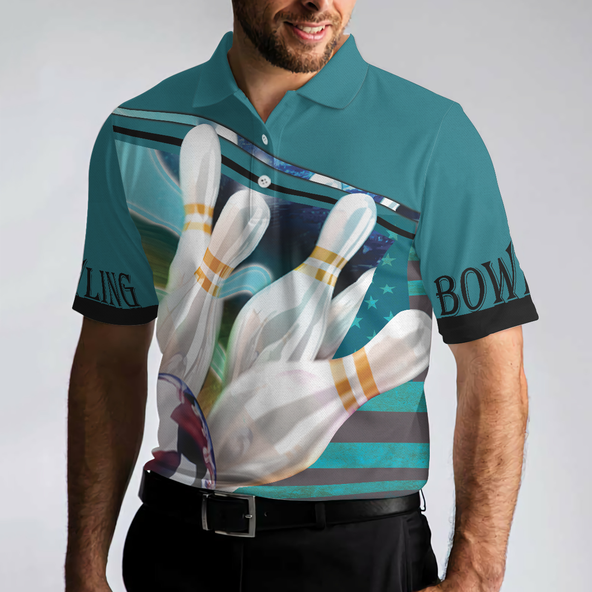 Love Bowling Polo Shirt Blue American Flag Bowling Shirt For Men - 5