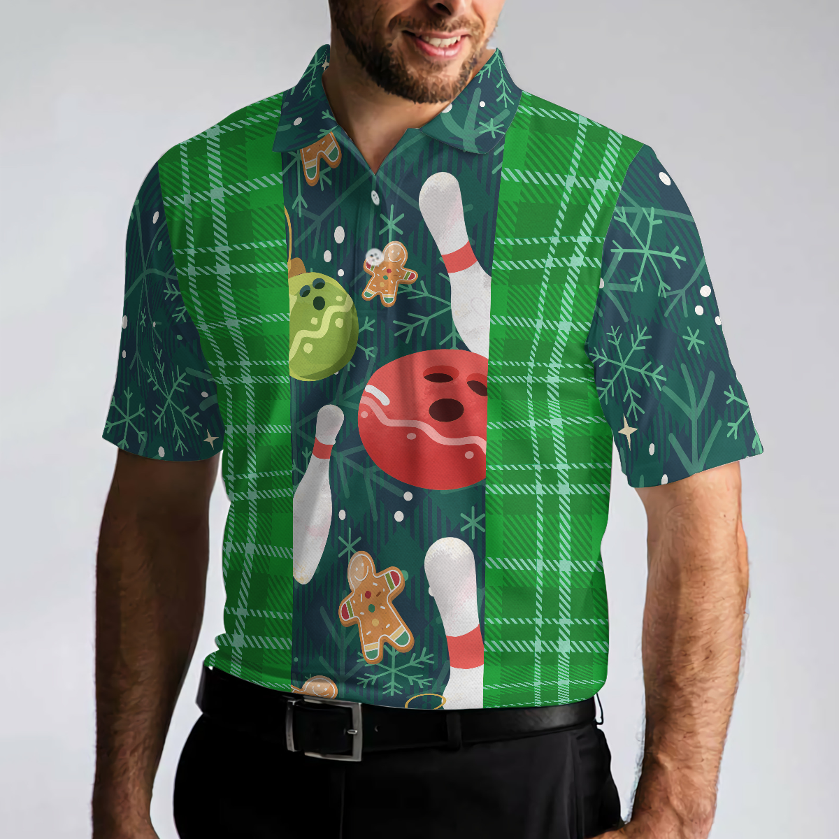 Christmas Bowling with Flannel Plaid Pattern Mens Polo Shirts - 4