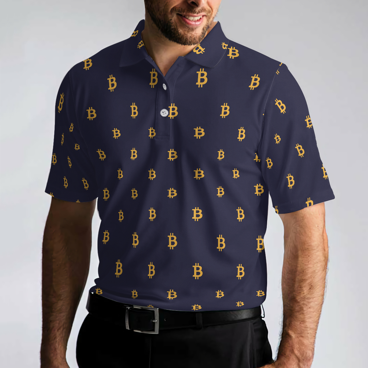 Seamless Pattern Sign Bitcoin Polo Shirt Navy Blue And Gold Polo Shirt Best Cryptocurrency Shirt For Men - 4