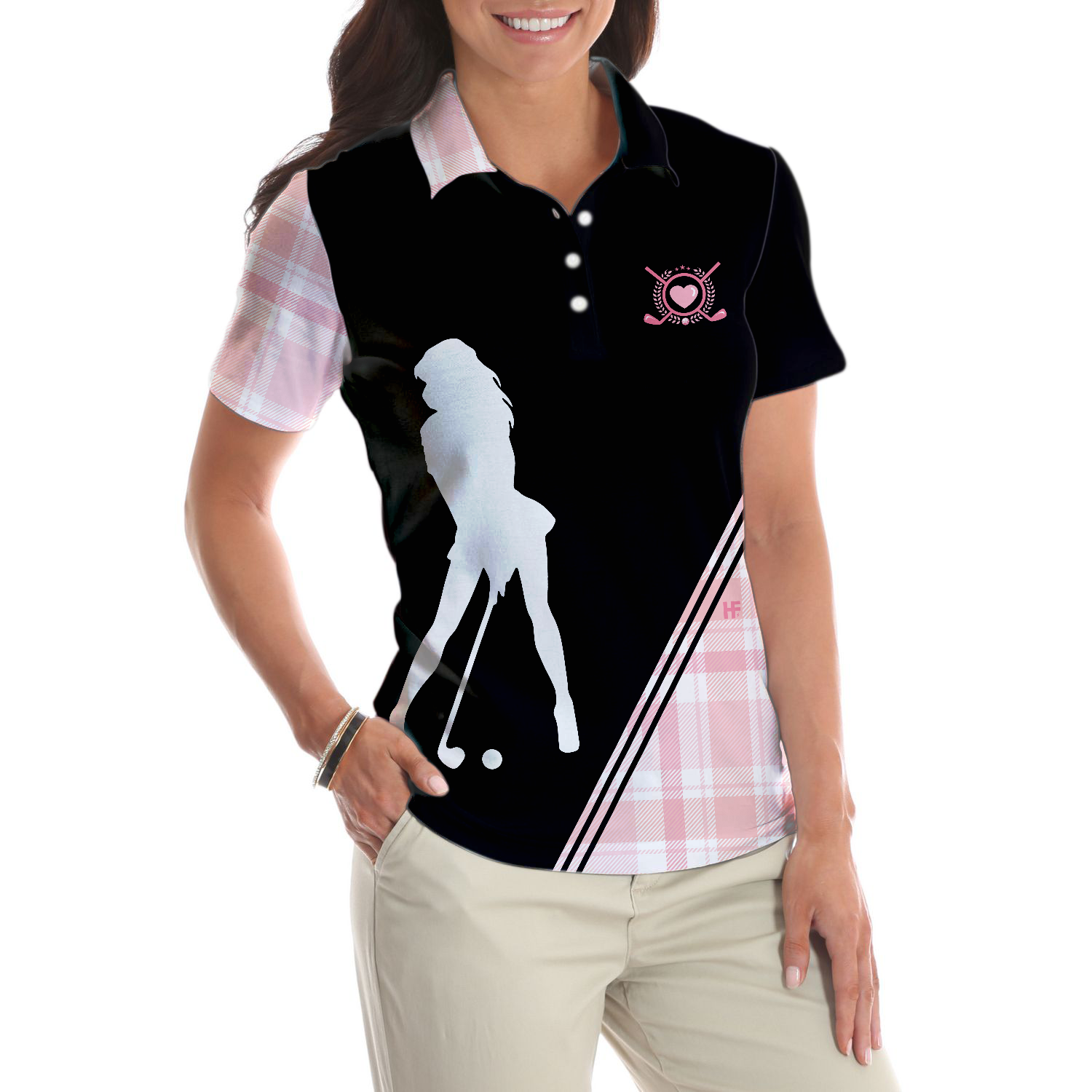 Golf Girl In Black And Pink Plaid Pattern Golf Short Sleeve Women Polo Shirt Unique Golf Shirt For Ladies - 5