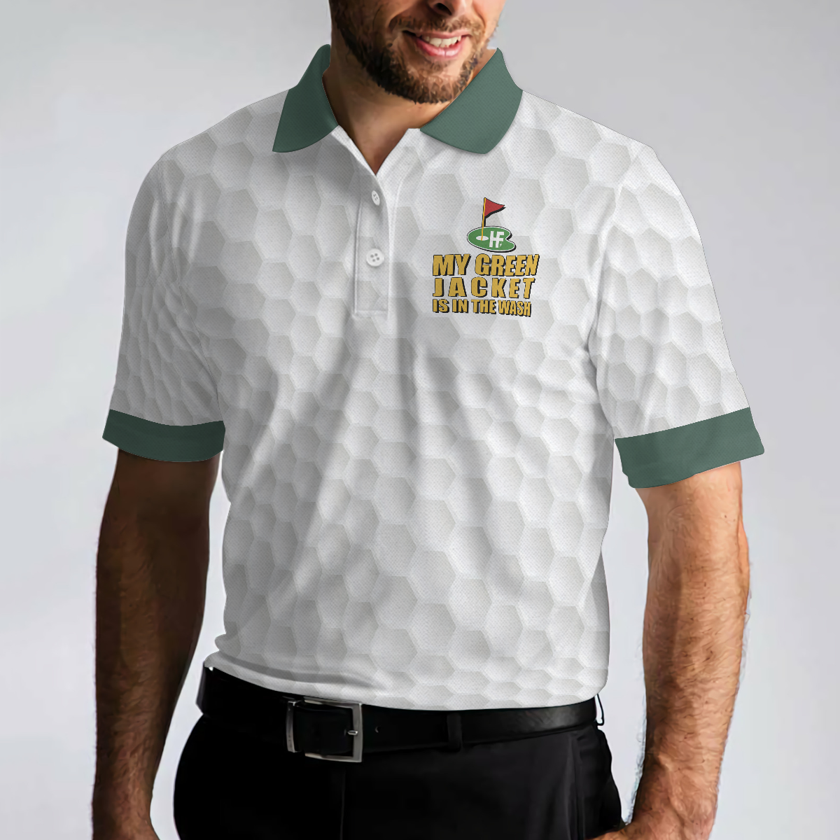 My Green Jacket Is In The Wash Polo Shirt White Golf Pattern Forest Green American Flag Golf Shirt For Men - 4