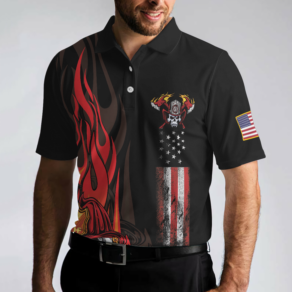 Firefighter Skull Flame Short Sleeve Polo Shirt First In Last Out American Flag Firefighter Shirt For Men - 5