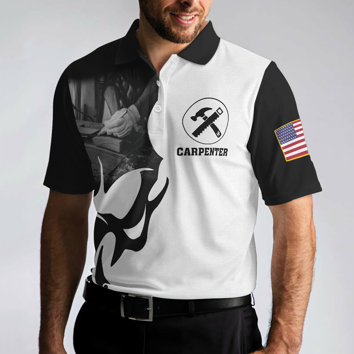 Carpenter Proud Skull Short Sleeve Black And White Polo Shirt American Flag Polo Shirt Best Carpenter Shirt For Men - 4