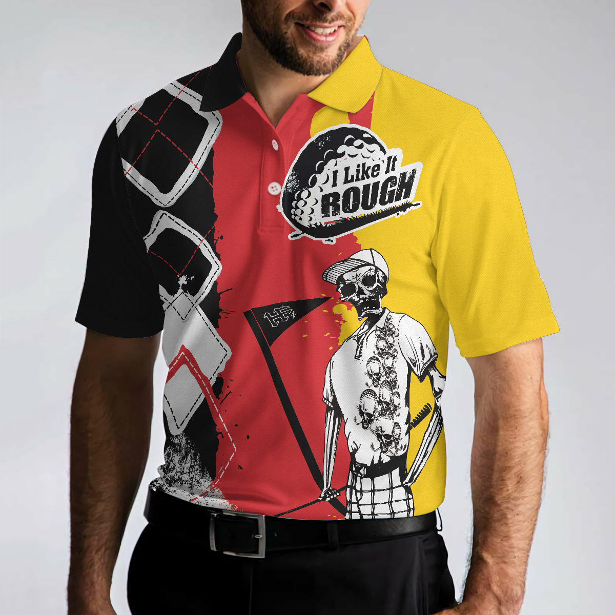 Golf I Like It Rough German Flag Polo Shirt White Argyle Pattern Skeleton Golfing Polo Shirt Funny Golf Shirt For Men - 4