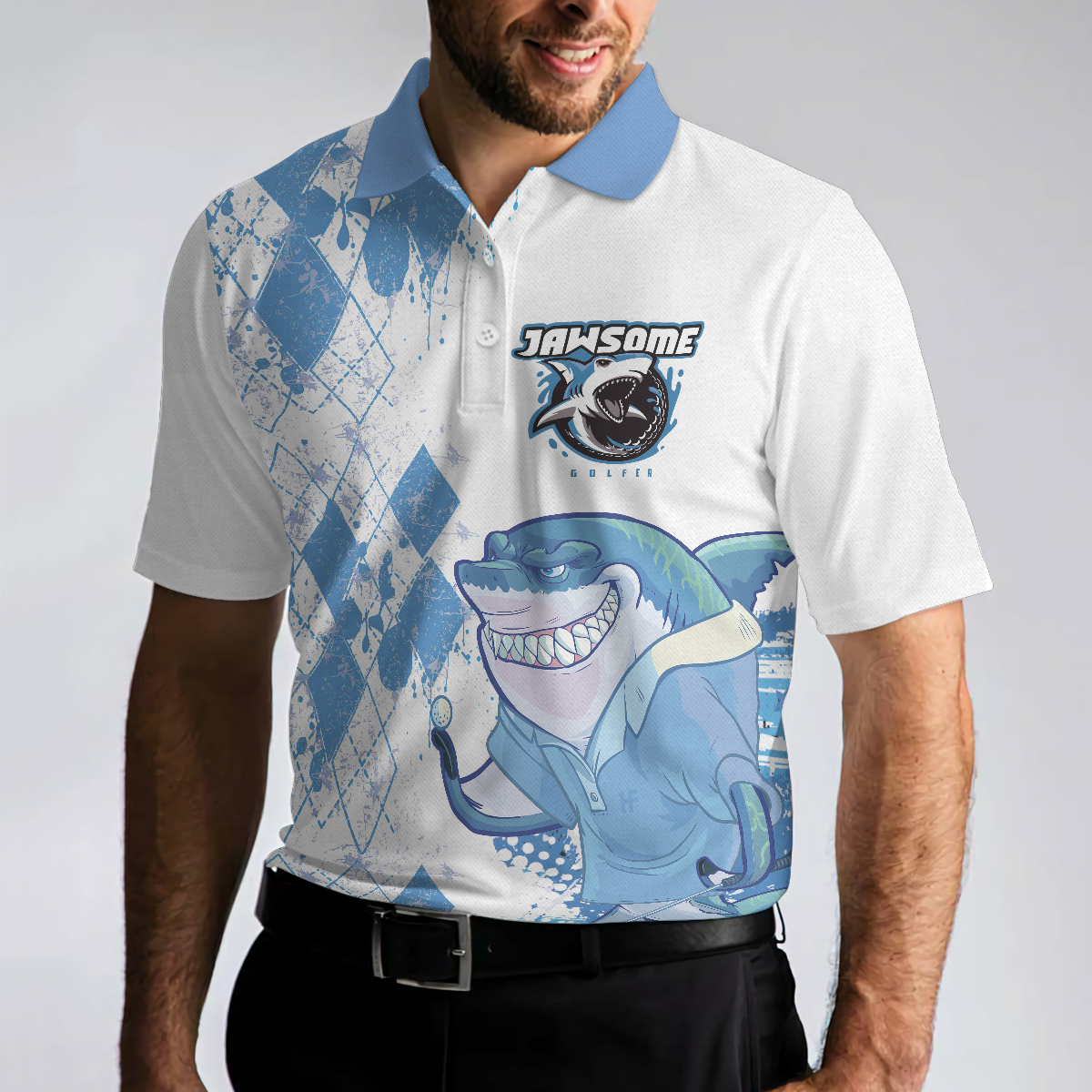 Jawsome Golfer Shark Short Sleeve Golf Polo Shirt Argyle Pattern Polo Shirt Best Golf Shirt For Men - 4