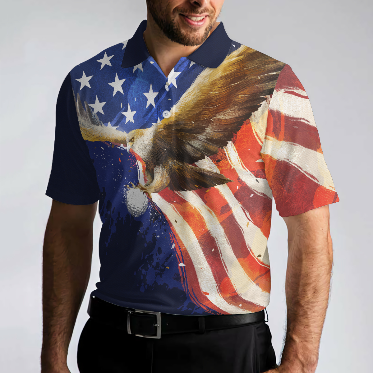 Eagle Flying Golf with American Flag Polo Shirt for Men - 4