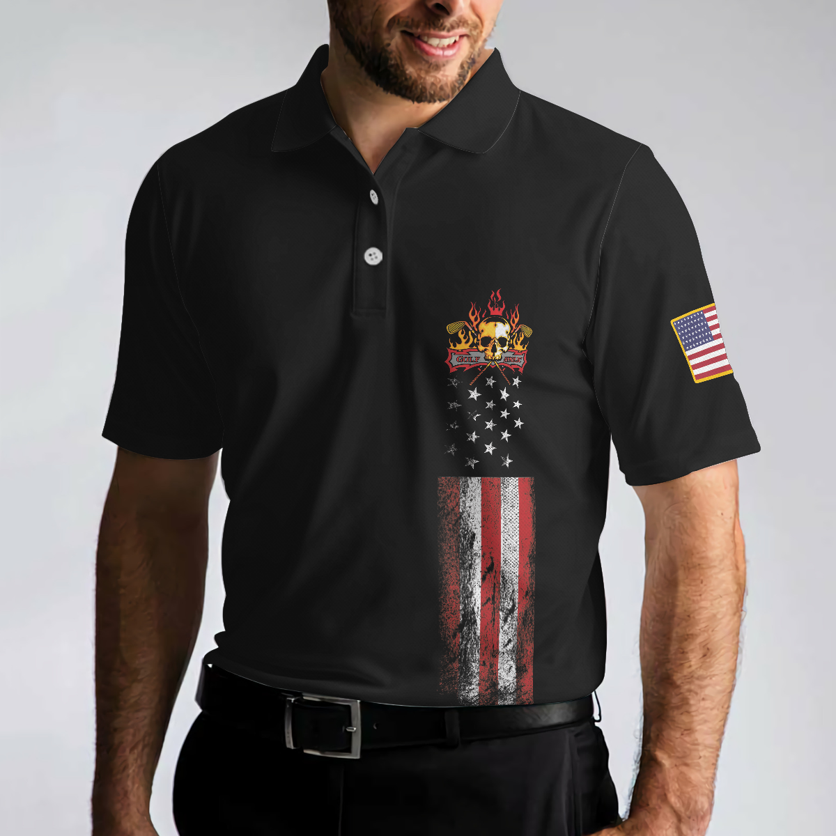 Golf Skull America Flag Short Sleeve Polo Shirt Wet Paint Black Polo Shirt Best Golf Shirt For Men - 5