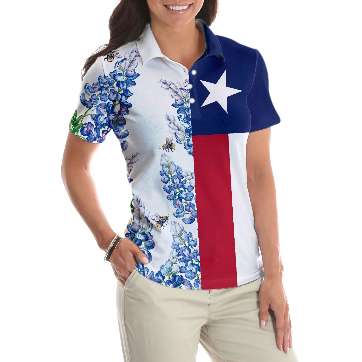 Texas Flag Bluebonnets Polo Shirt For Woman Short Sleeve Women Polo Shirt - 4