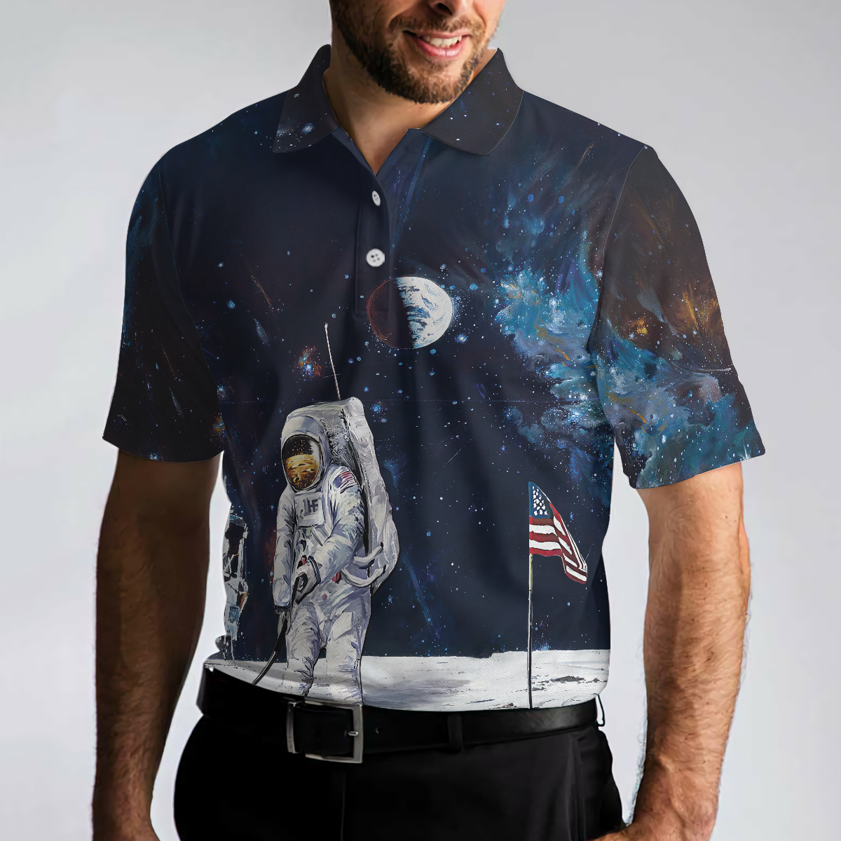 Astronaut Moon Golf Short Sleeve Polo Shirt For Golf American Flag Polo Shirt Best Golf Shirt For Men - 5