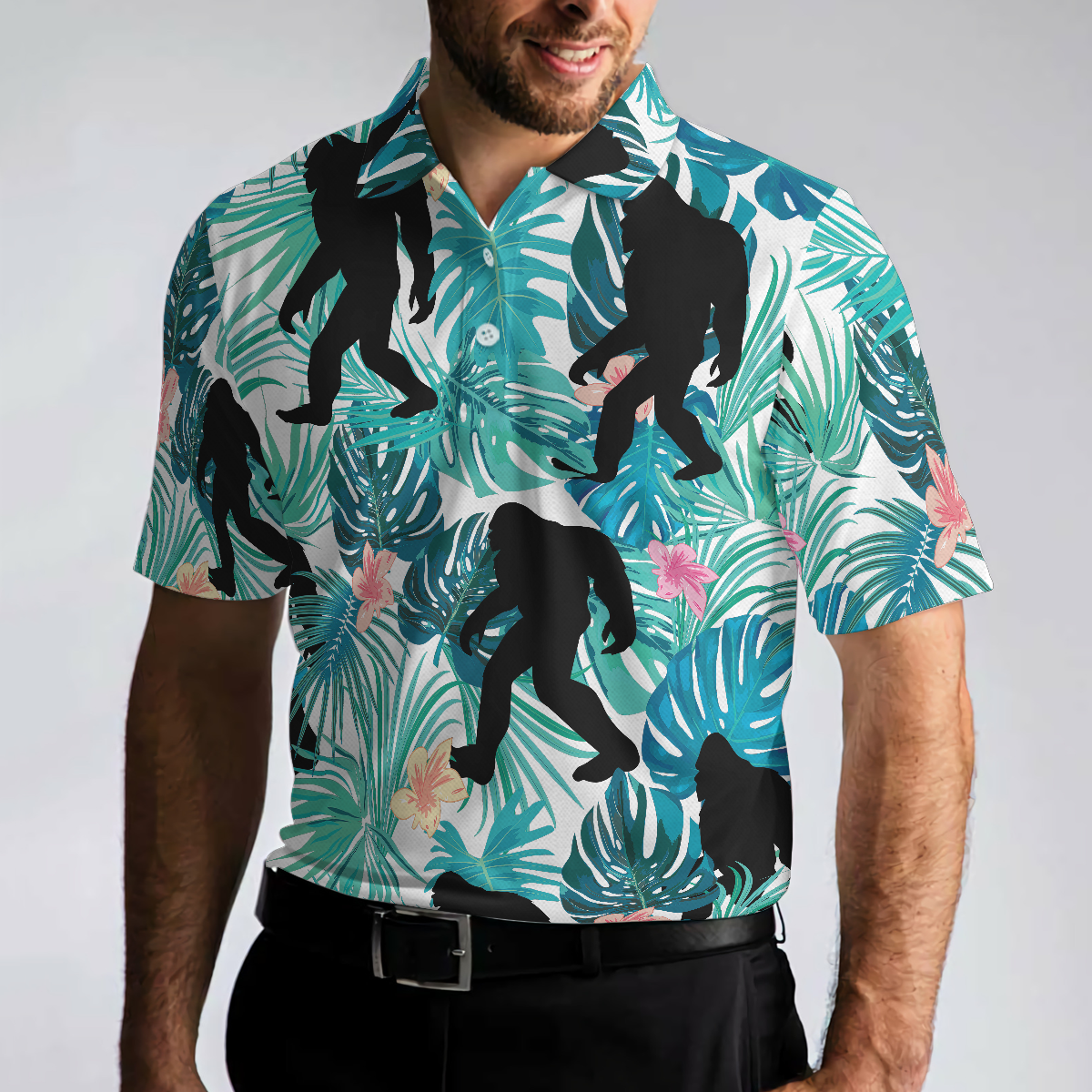 Bigfoot Tropical Short Sleeve Polo Shirt Floral And Leaves Polo Shirt Best Bigfoot Shirt For Men - 5