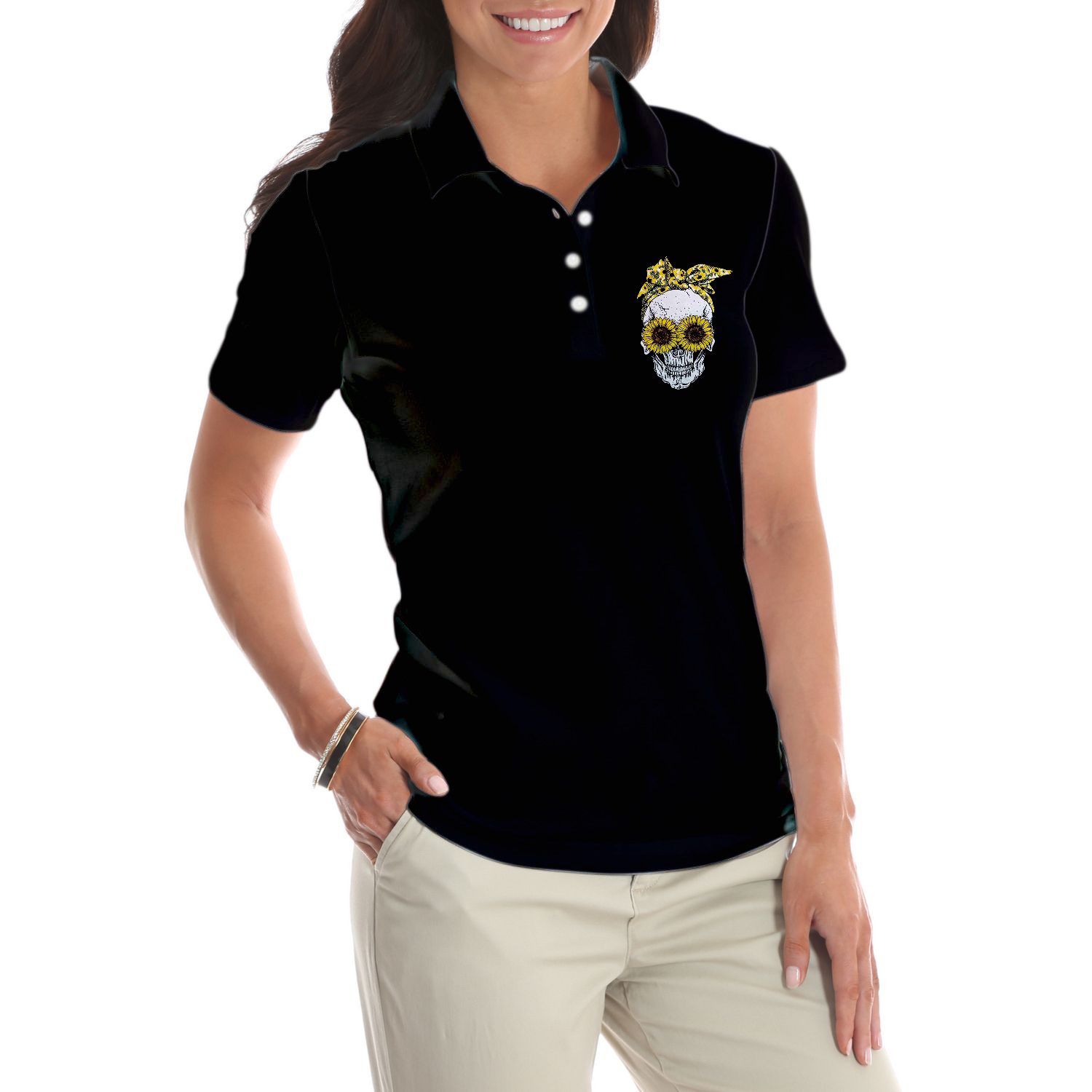 You Are My Sunshine Skull Sunflower Short Sleeve Women Polo Shirt Black Skull Polo Shirt For Ladies - 3