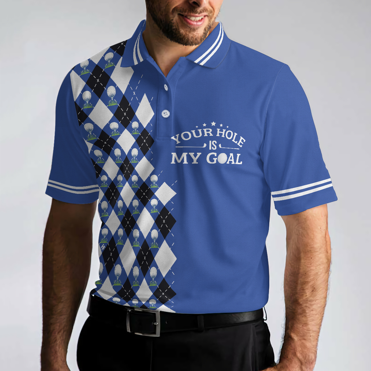 Your Hole Is My Goal Remastered Short Sleeve Golf Polo Shirt Blue Argyle Pattern Polo Shirt Best Golf Shirt For Men - 5