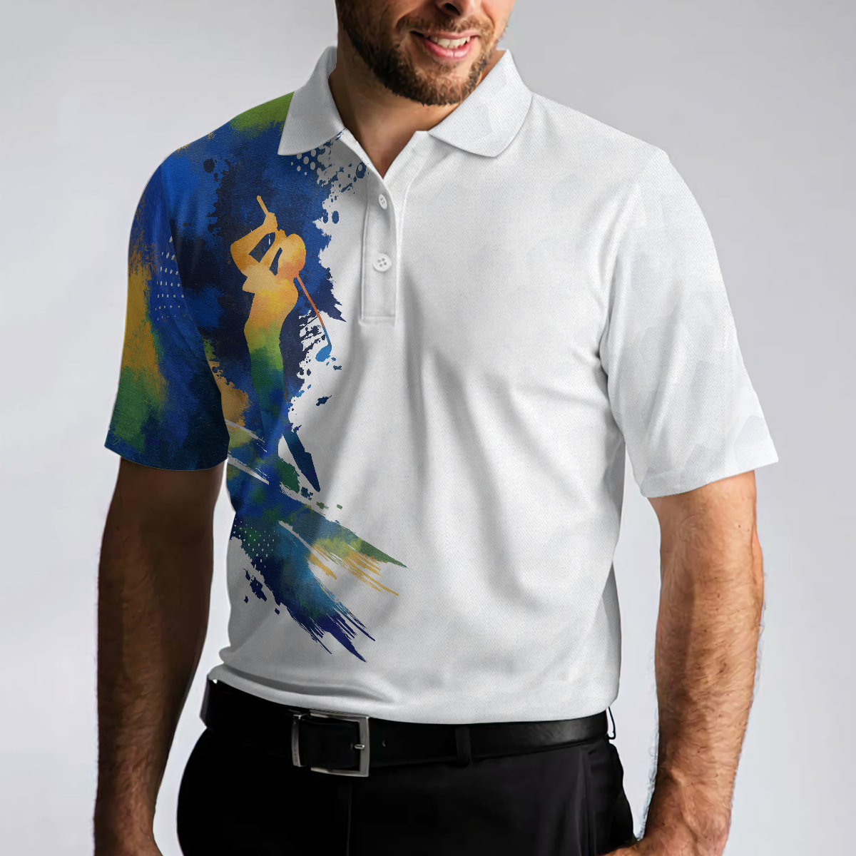 Lets Par Tee Colorful Water Color Golf Short Sleeve Polo Shirt White Golf Shirt For Men - 4