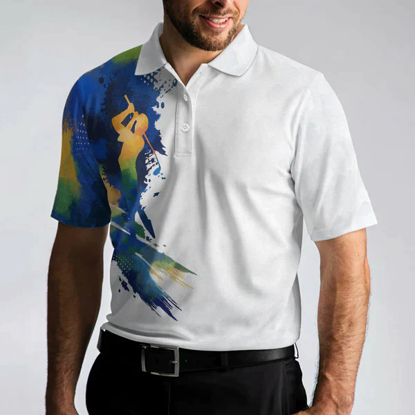 Lets Par Tee Colorful Water Color Golf Short Sleeve Polo Shirt White Golf Shirt For Men