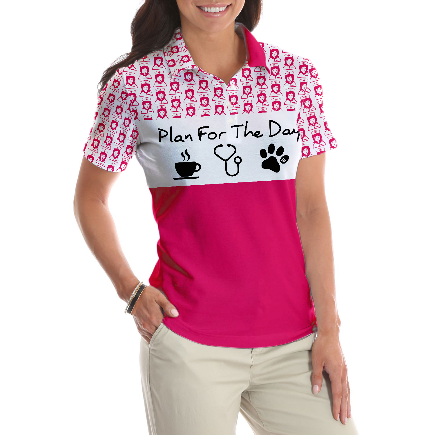 Plan For The Day Nurse Life Short Sleeve Women Polo Shirt Pink And White Nurse Vibes Shirt For Women - 4