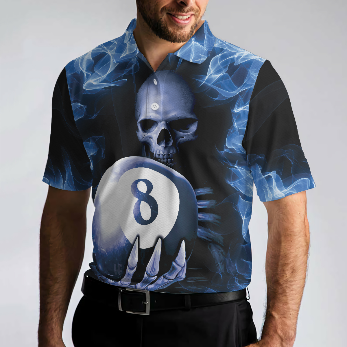 Billiards Murder Polo Shirt Blue Flame Billiards Shirt Design Skull Eight Ball Billiards Shirt For Men - 5