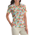 Tropical Flowers Pattern Short Sleeve Women Polo Shirt - 5