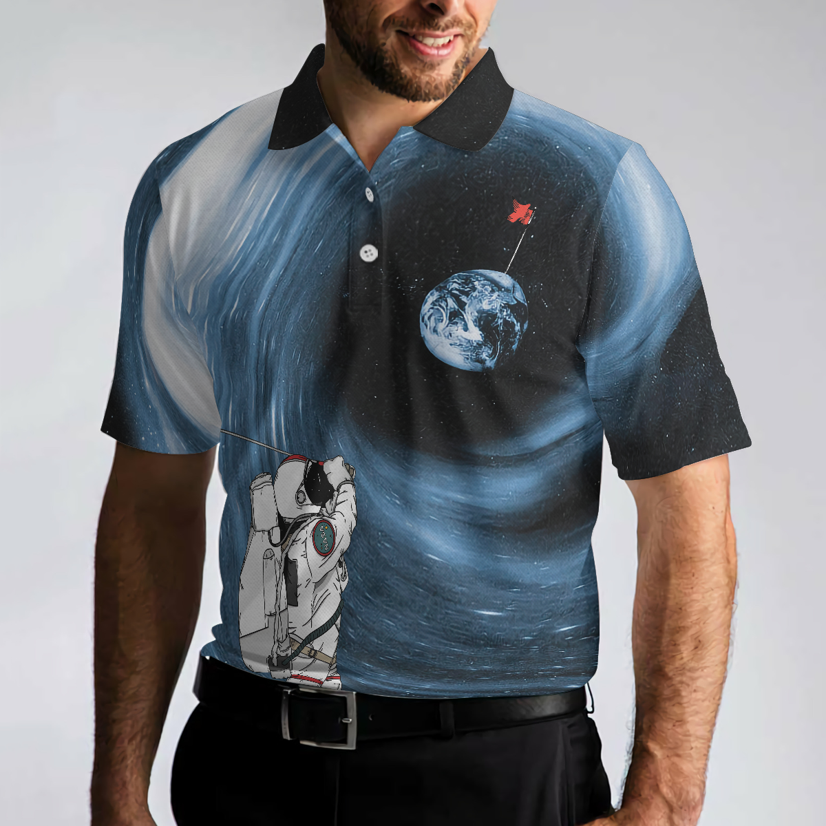 Astronaut Golfing Outer Space Black Golf Polo Shirt Hole 404 Oops Polo Shirt Best Golf Shirt For Men - 5