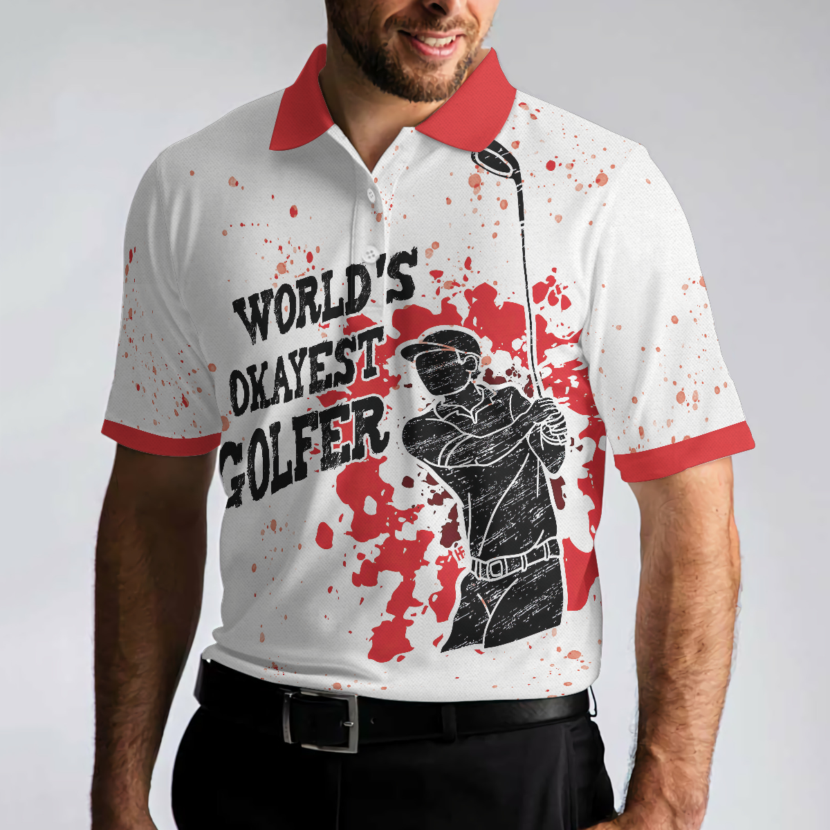 Worlds Okayest Golfer Golf Polo Shirt Red Paint Splash Black Golfer Silhouette Polo Shirt Best Golf Shirt For Men - 4