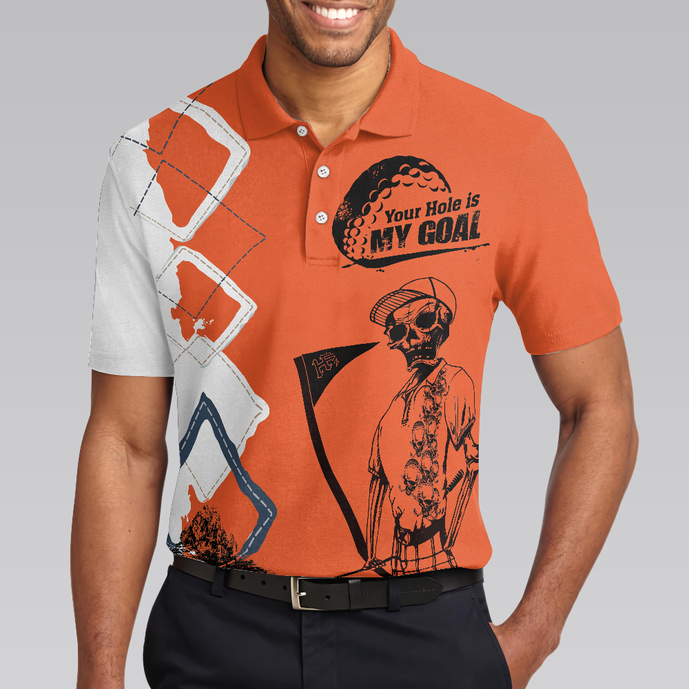 Your Hole Is My Goal Golf Polo Shirt Orange Argyle Pattern Skeleton Golfer Polo Shirt Best Golf Shirt For Men - 5