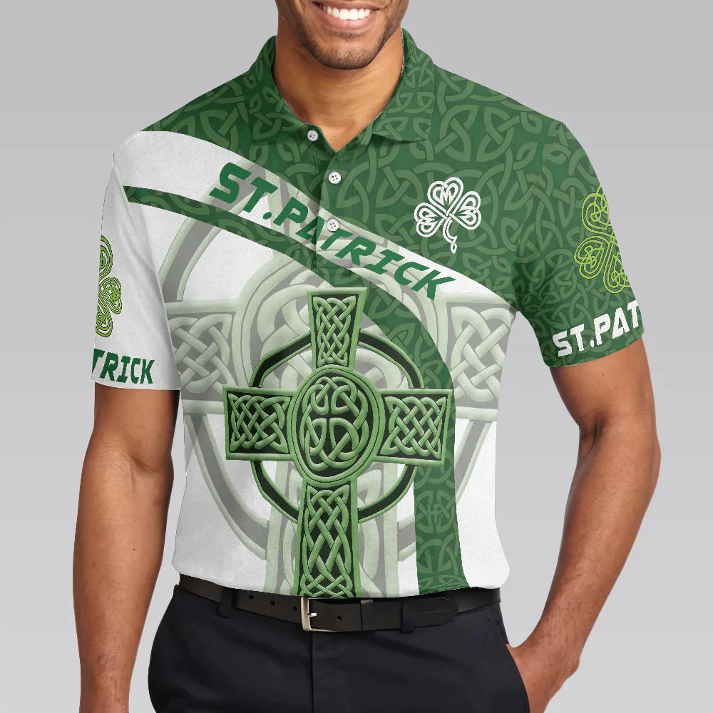 St Patrick Day With Celtic Cross Polo Shirt, Green Saint Patrick's Day Shirt, St Patrick Themed Shirt For Irish