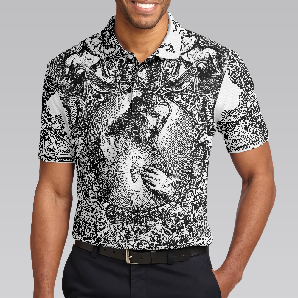 Jesus Christ Vintage Sketch Art Christian Polo Shirt Black And White Christian Shirt For Men - 4