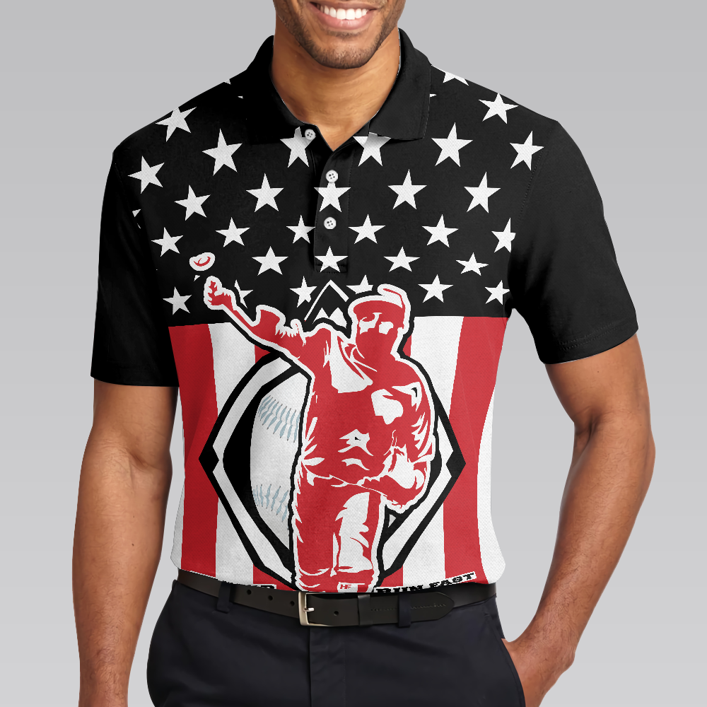 Baseball Hit Hard Run Fast Short Sleeve Polo Shirt Black Theme American Flag Polo Shirt Best Baseball Shirt For Men - 5