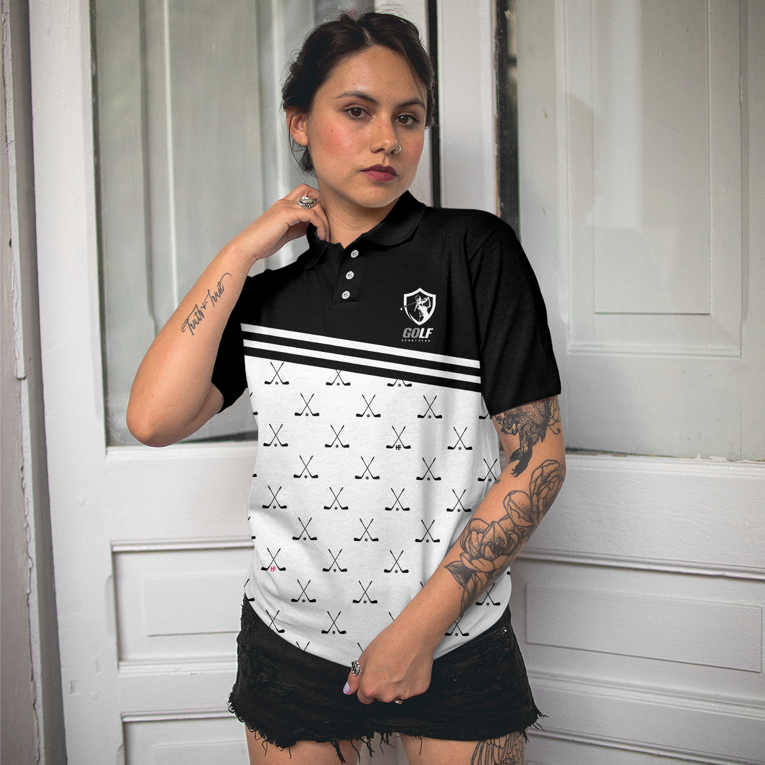 Crossed Black Golf Clubs Golf Short Sleeve Women Polo Shirt Black And White Golf Shirt For Ladies - 4