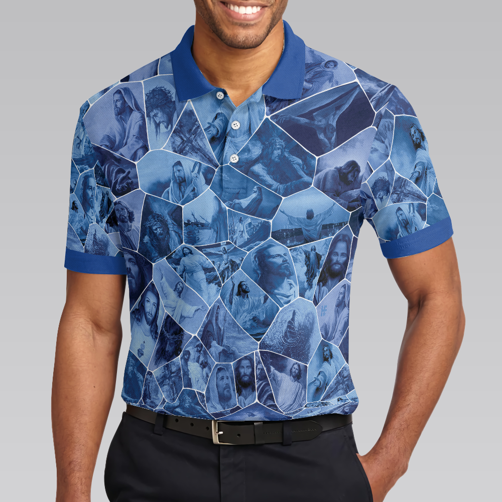 Holy Blue Stained Glass Polo Shirt Blue Jesus Gallery Polo Shirt Best Christian Shirt For Men - 4