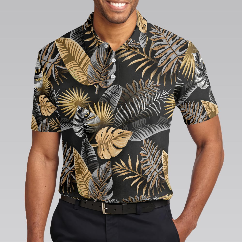 Seamless Luxury Tropical Pattern Golf Polo Shirt Black And Gold Best Floral Golf Shirt For Men - 1