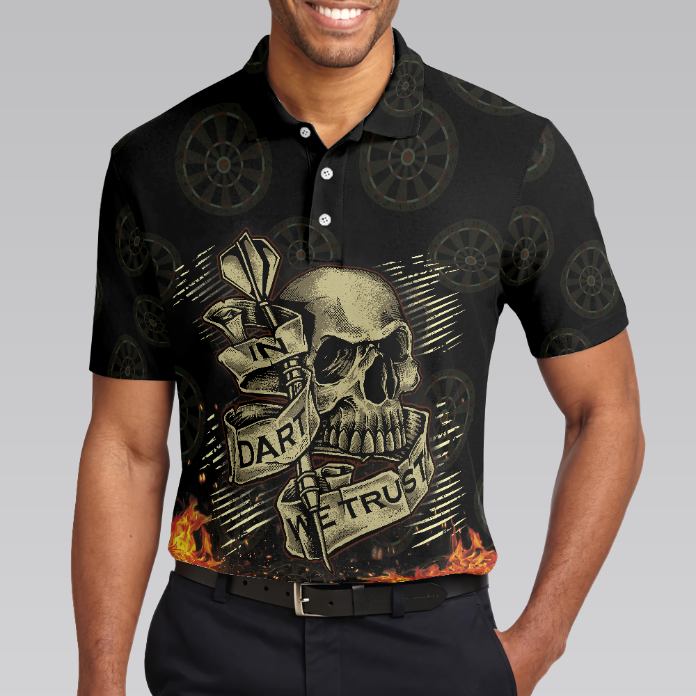 In Dart We Trust Short Sleeve Polo Shirt Fire Play Hard Skull Polo Shirt Cool Dart Shirt For Men - 5