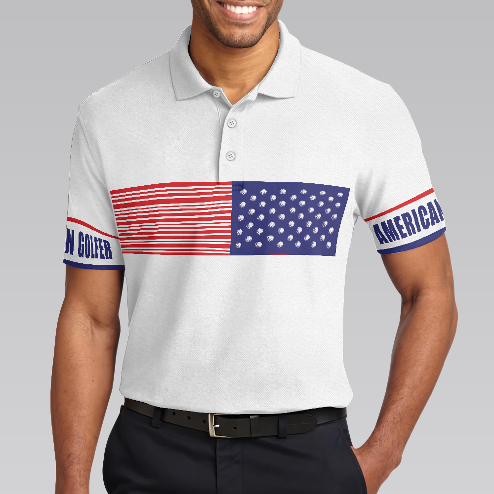 American Golfer Golfing Polo Shirt Strips Barcode American Flag Polo Shirt Patriotic Golf Shirt For Men - 4