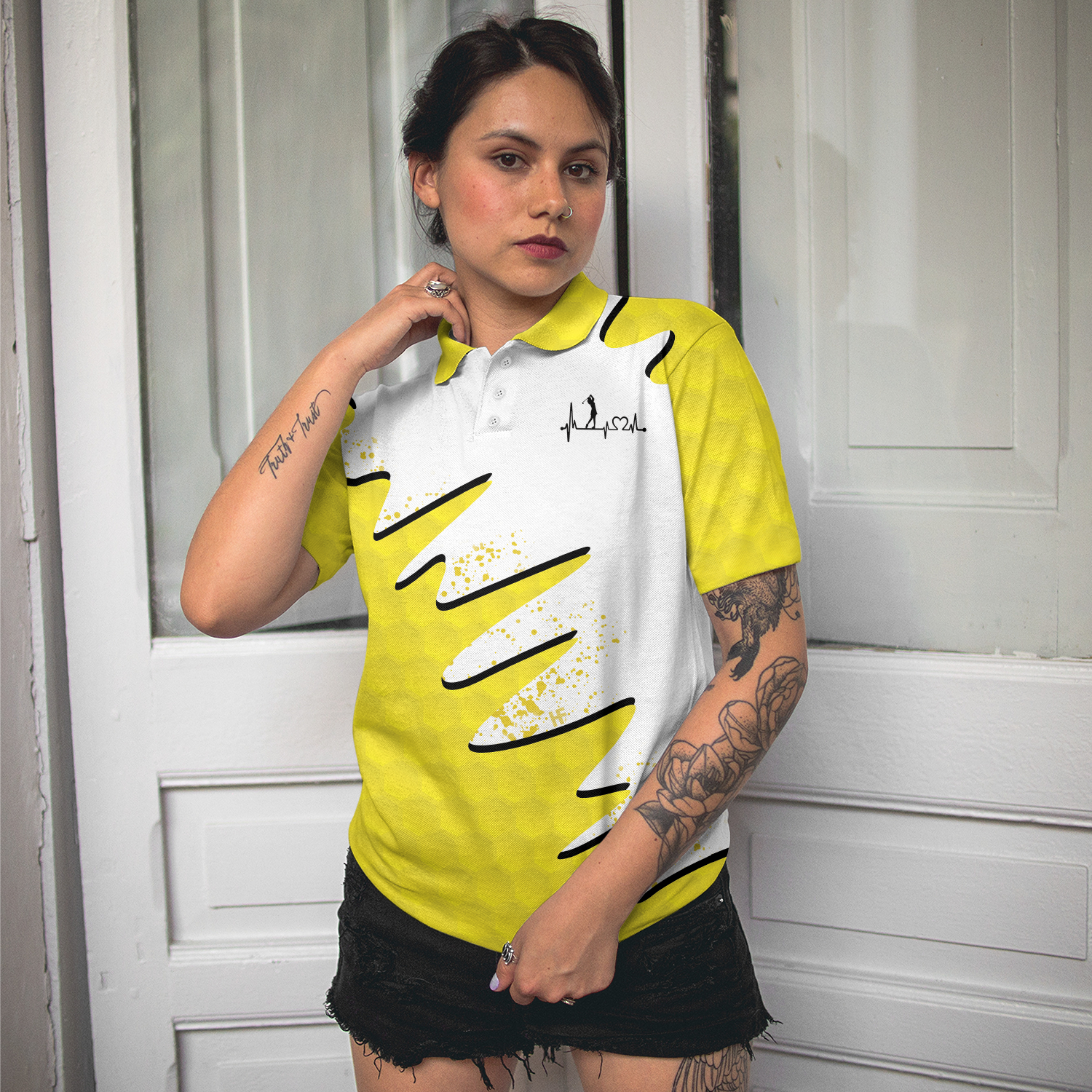 Sporty And Cutie Golf Girl Golf Short Sleeve Women Polo Shirt White And Yellow Golf Shirt For Ladies - 5