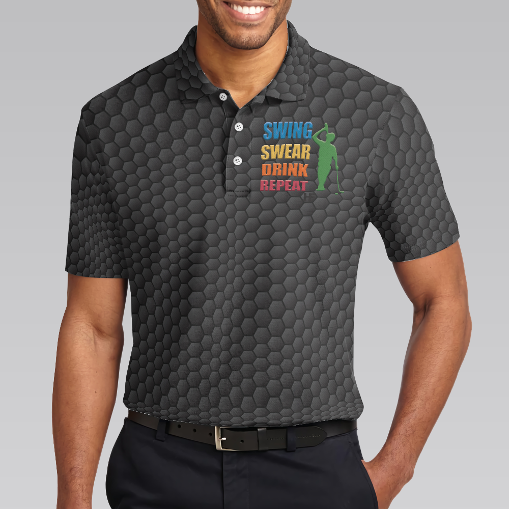 Golf Swing Swear Drink Repeat Polo Shirt Black Golf Ball Pattern Shirt For Male Funny Golf Shirt With Sayings - 5