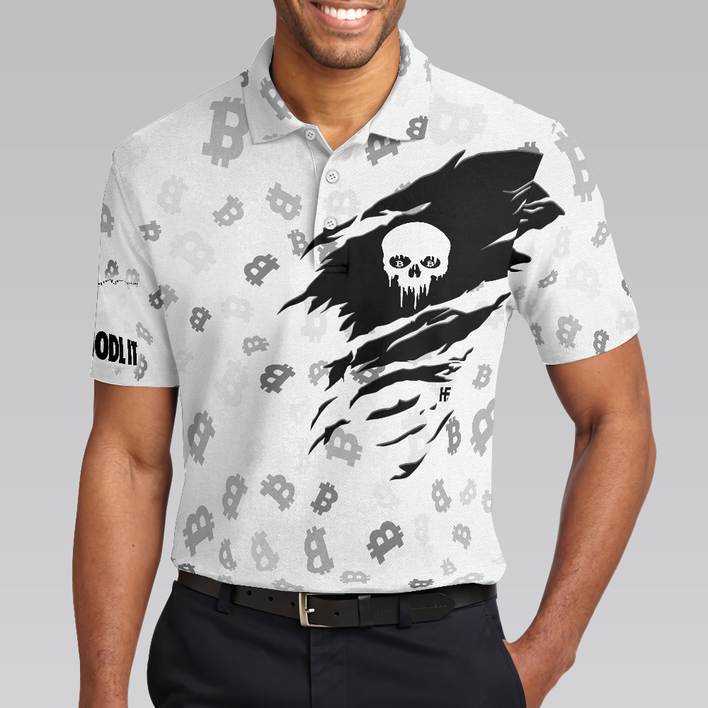 The Bitcoin Skull Polo Shirt Black And White Skull Cryptocurrency Shirt Bitcoin Short Sleeve Shirt Design - 4