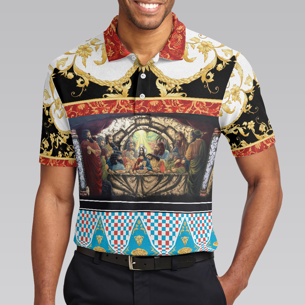 The Last Supper Renaissance Pattern Polo Shirt Luxury Gold Brocade Pattern Christian Shirt For Men - 4