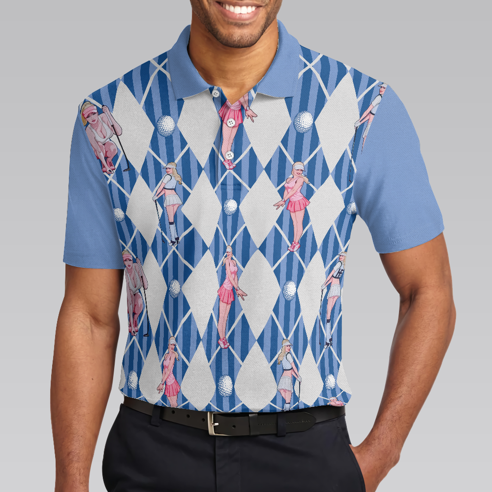 Blue Hot Golf Short Sleeve Polo Shirt Argyle Pattern Fun Golf Shirt For Men - 4