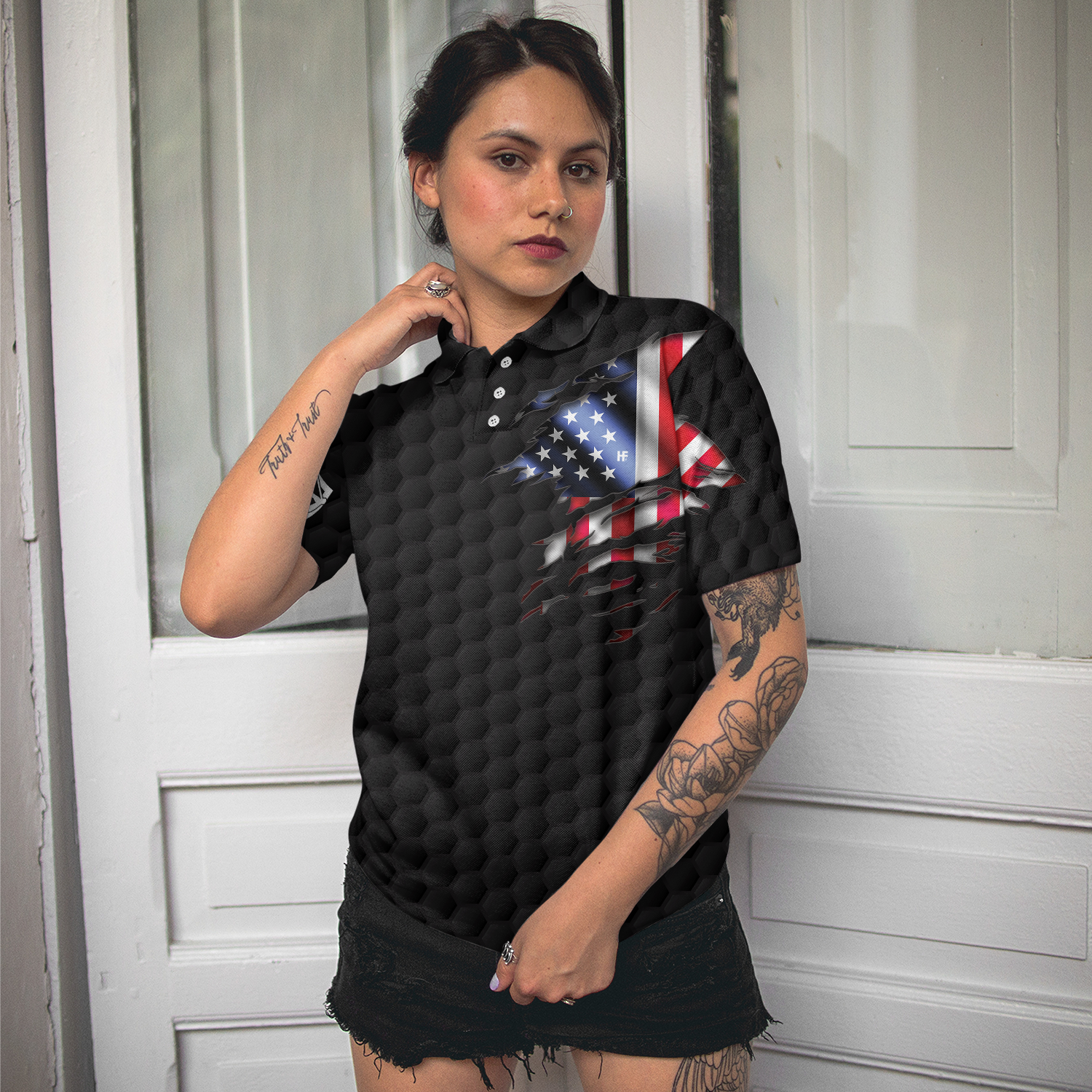 American Women Golfer Black Version Golf Short Sleeve Women Polo Shirt American Flag Ladies Golf Shirt - 4