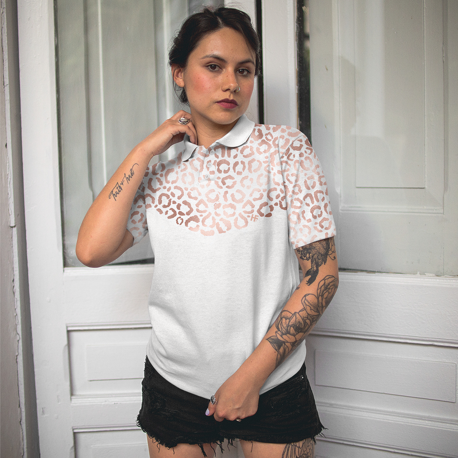 Rose Gold Leopard Pattern Shirt Short Sleeve Women Polo Shirt - 5