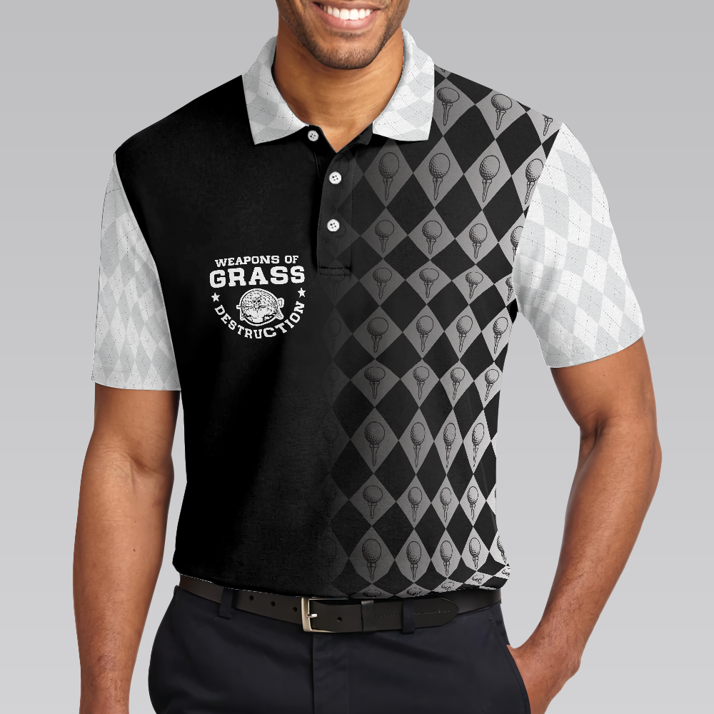 Golf Weapons Of Grass Destruction Short Sleeve Polo Shirt Black And White Golf Shirt For Men - 5