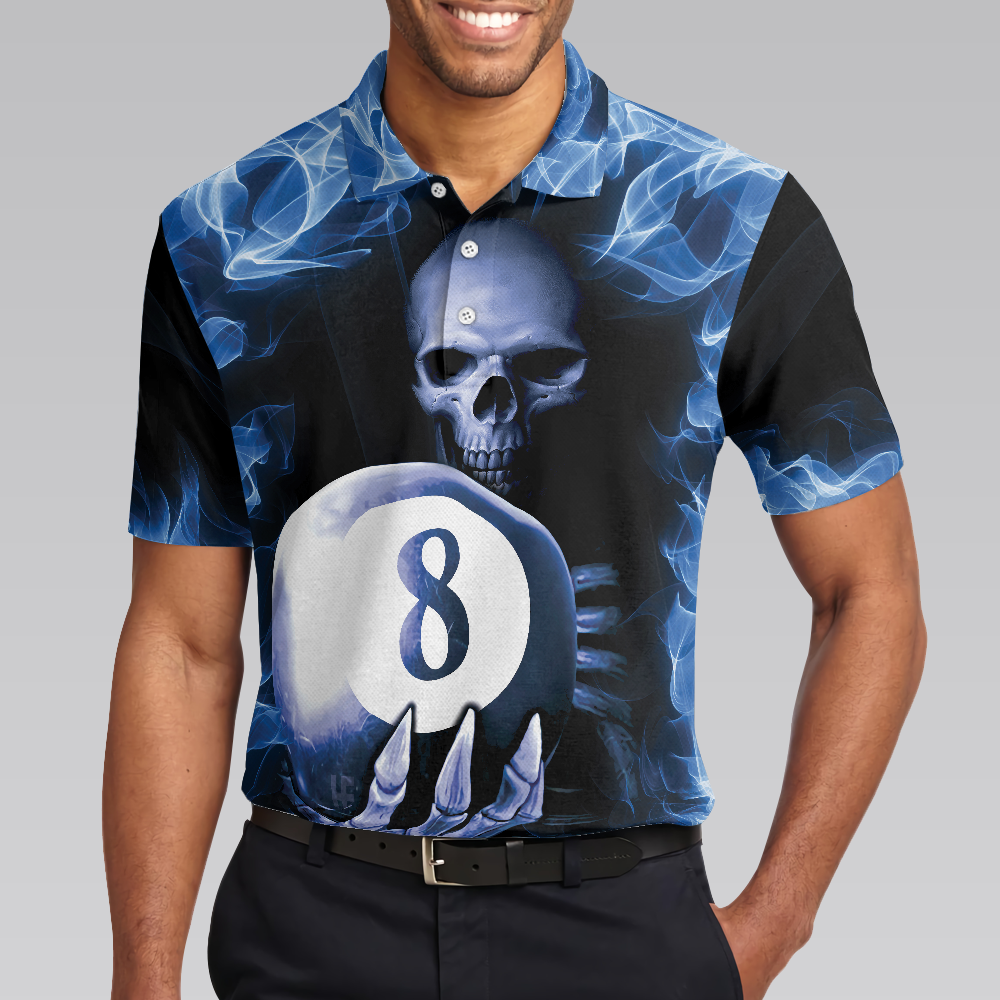 Billiards Murder Polo Shirt Blue Flame Billiards Shirt Design Skull Eight Ball Billiards Shirt For Men - 1