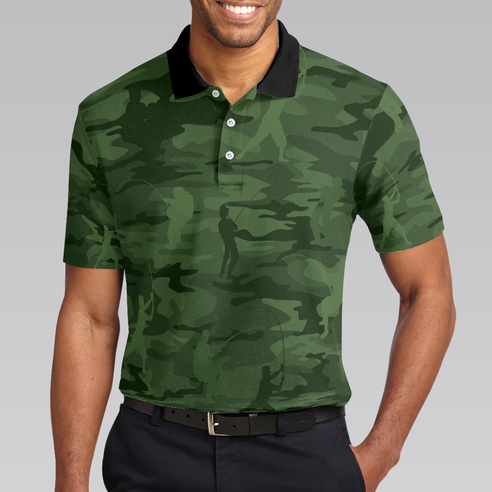 Green Camouflage Fisherman Silhouette Custom Polo Shirt - 4