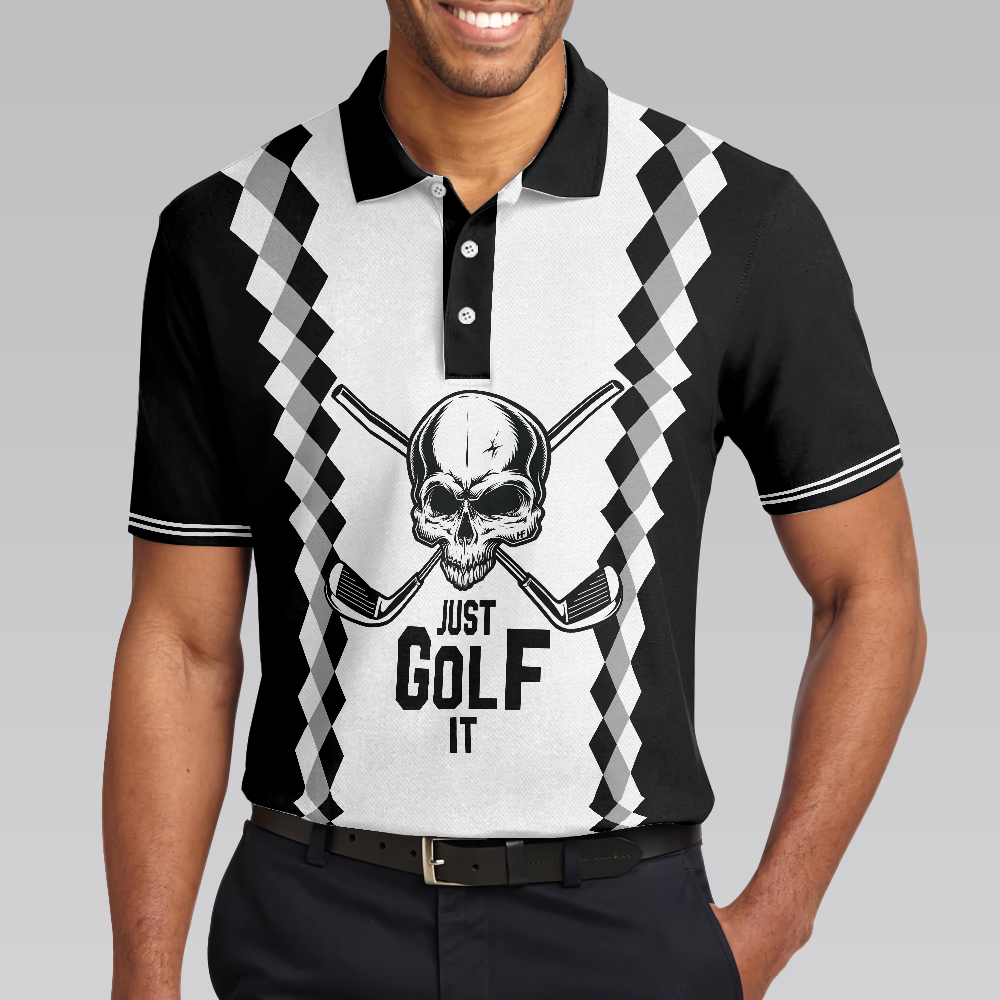 Just Golf It Skull Short Sleeve Golf Polo Shirt Black And White Golf Shirt For Men - 5