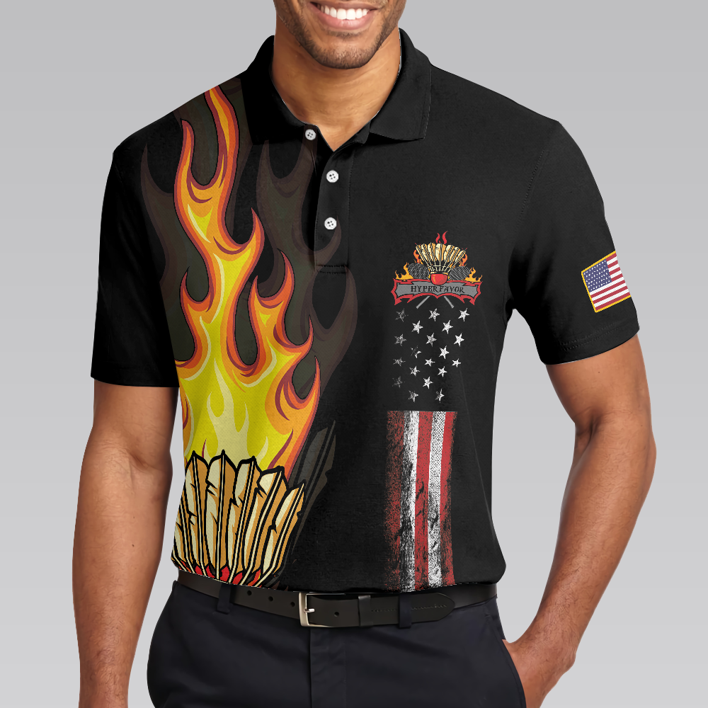 Badminton Flame Short Sleeve Polo Shirt Black Theme American Flag Badminton Polo Shirt Best Badminton Shirt For Men - 4