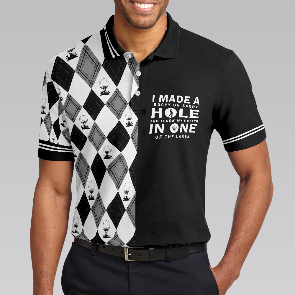 I Made A Bogey On Every Hole Polo Shirt Black And White Argyle Pattern Polo Shirt Cool Golf Shirt For Men - 5