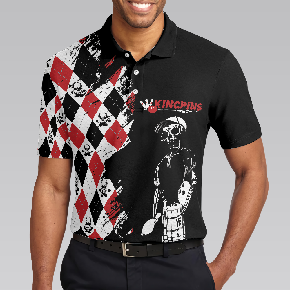 Bowling Red Black White Skull Pattern Short Sleeve Polo Shirt Argyle Pattern Polo Shirt Best Bowling Shirt For Men - 4